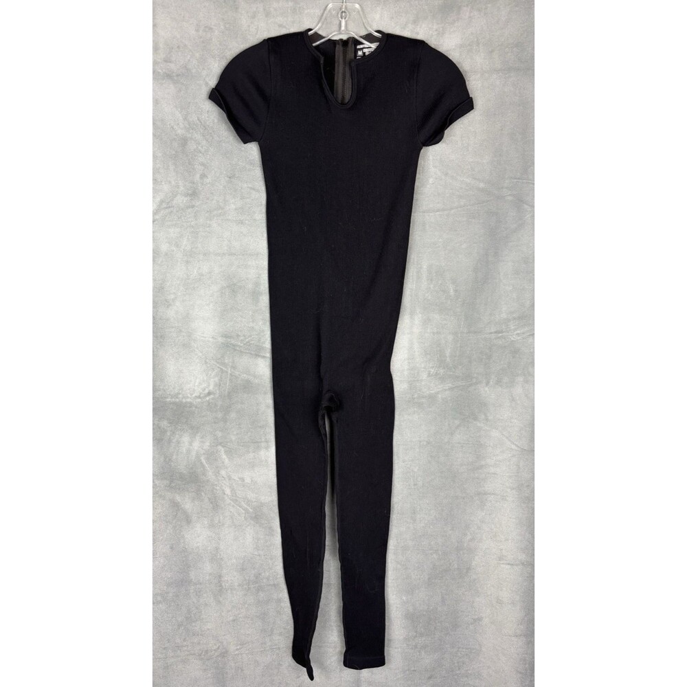 Pretty Little Thing Ribbed Jumpsuit Womens M Black Short Sleeve Stretch Back Zip